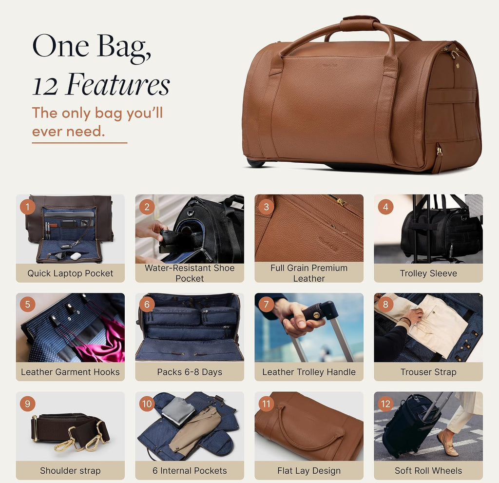 Wool & Oak - NOVA Large Duffle Bag with Wheels - Carry On Garment Duffle Bags for Travel, Overnight, Hospital - Travel Bags for Women & Men with Shoe Compartment & Tech Pocket (Leather, Sand)