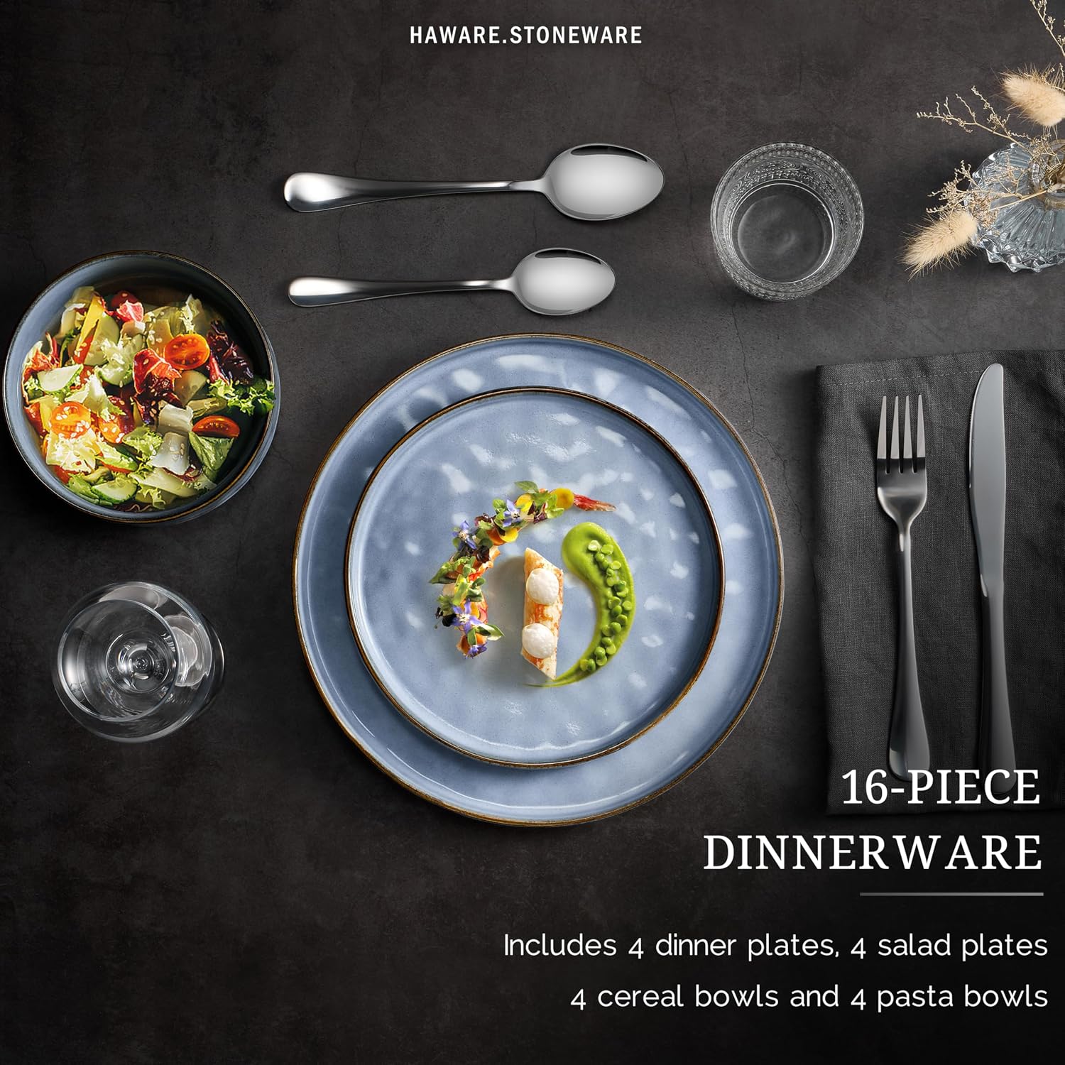 HaWare Dinnerware Sets, 16-Piece Plates and Bowls Set, Stoneware Dish Set for 4, Ceramic Dishware Set for Pasta Cereal, Chip and Scratch Resistant, Microwave and Dishwasher Safe, Reactive Blue