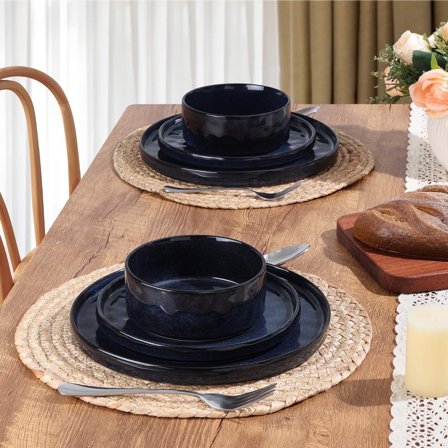 LIANYU 24 Pcs Plates and Bowls Sets for 8, Stoneware Dinnerware Dish Set, Dinner Dishware for Dessert Salad Pasta, Microwave & Dishwasher Safe, Cetacean Blue