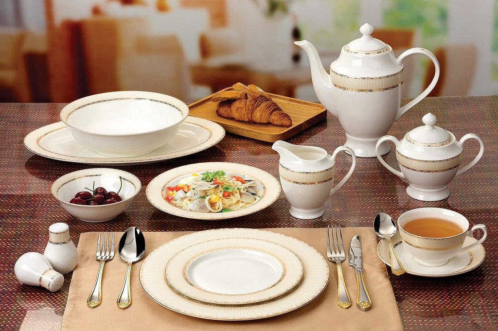 Lorenzo 57 Piece Elegant Bone China Service for 8 Margaret Dinnerware Sets, Gold