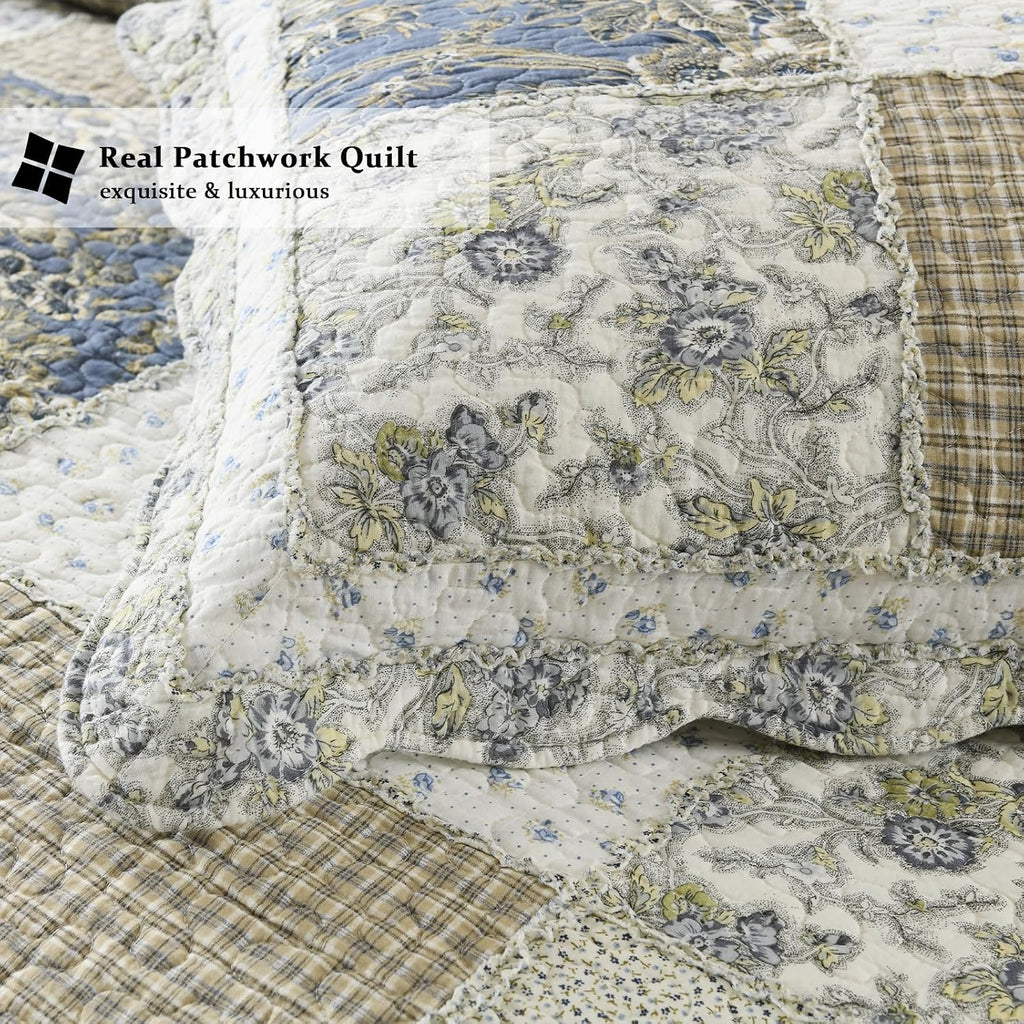 Yvooxny Quilt Set Queen Size Reversible Country Farmhouse Floral Real Patchwork Quilted Bedspread 3-Piece Quilt Set with Pillowcases with Ruffles for All Seasons, 90 x 98 Inches