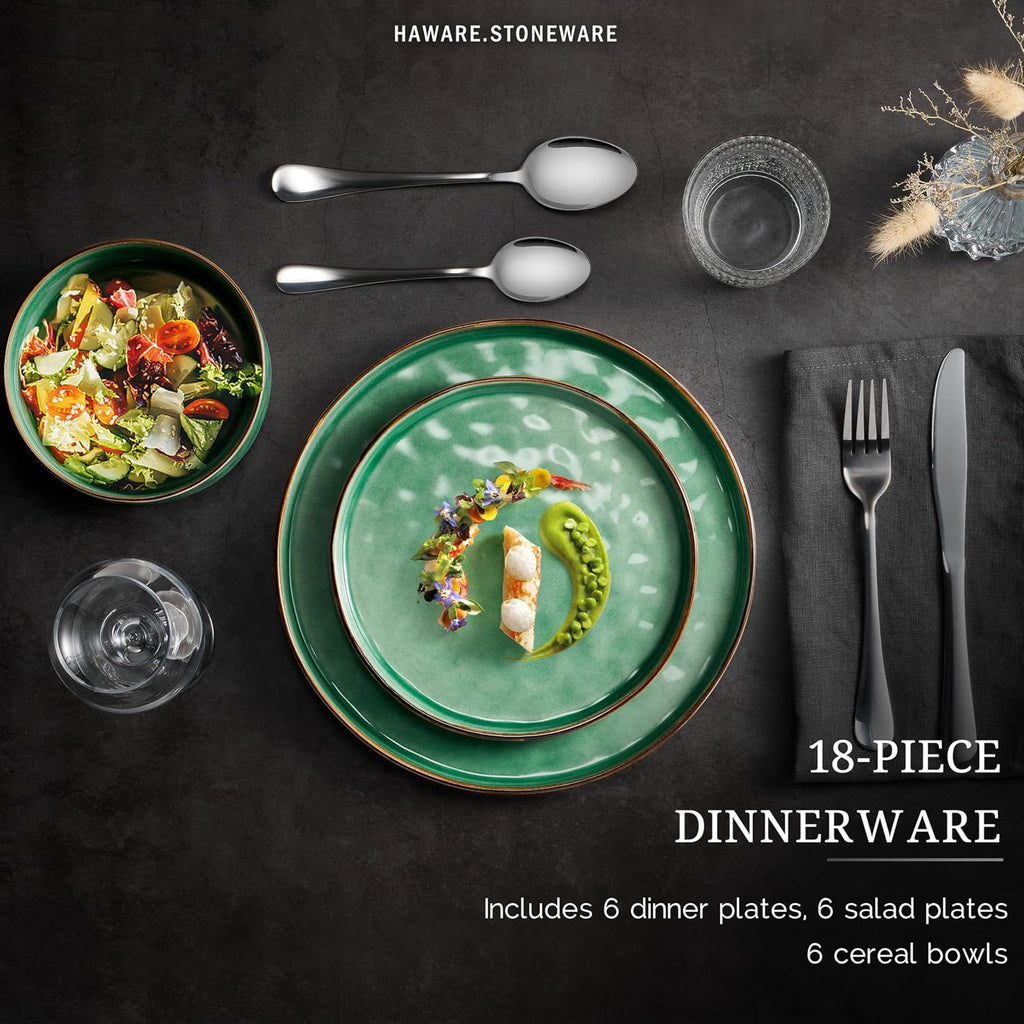 HaWare Dinnerware Sets, 18-Piece Plates and Bowls Set, Stoneware Dish Set for 6, Ceramic Dinnerware for Home Restaurant, Chip and Scratch Resistant, Microwave and Dishwasher Safe, Reactive Green