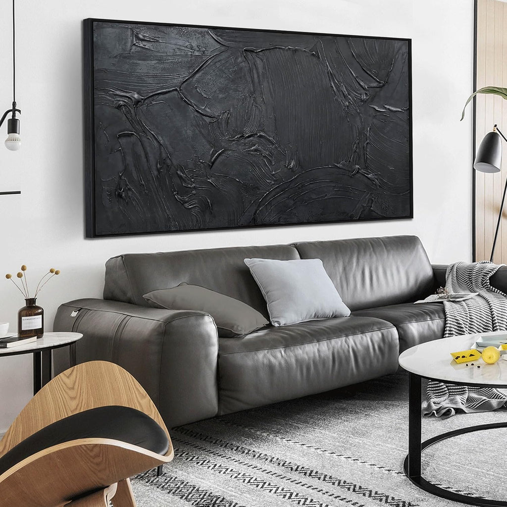 HUBOSKN Black Abstract Hand Painted Wall Art for Living Room - Minimalist Large Canvas Wall Art for Office - Frames Wall Decor Bedroom Size 29' x 59'