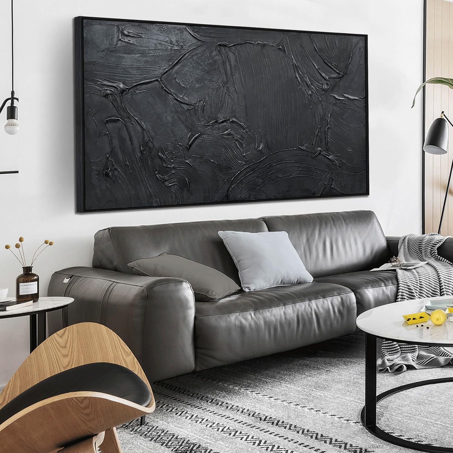 HUBOSKN Black Abstract Hand Painted Wall Art for Living Room - Minimalist Large Canvas Wall Art for Office - Frames Wall Decor Bedroom Size 29' x 59'