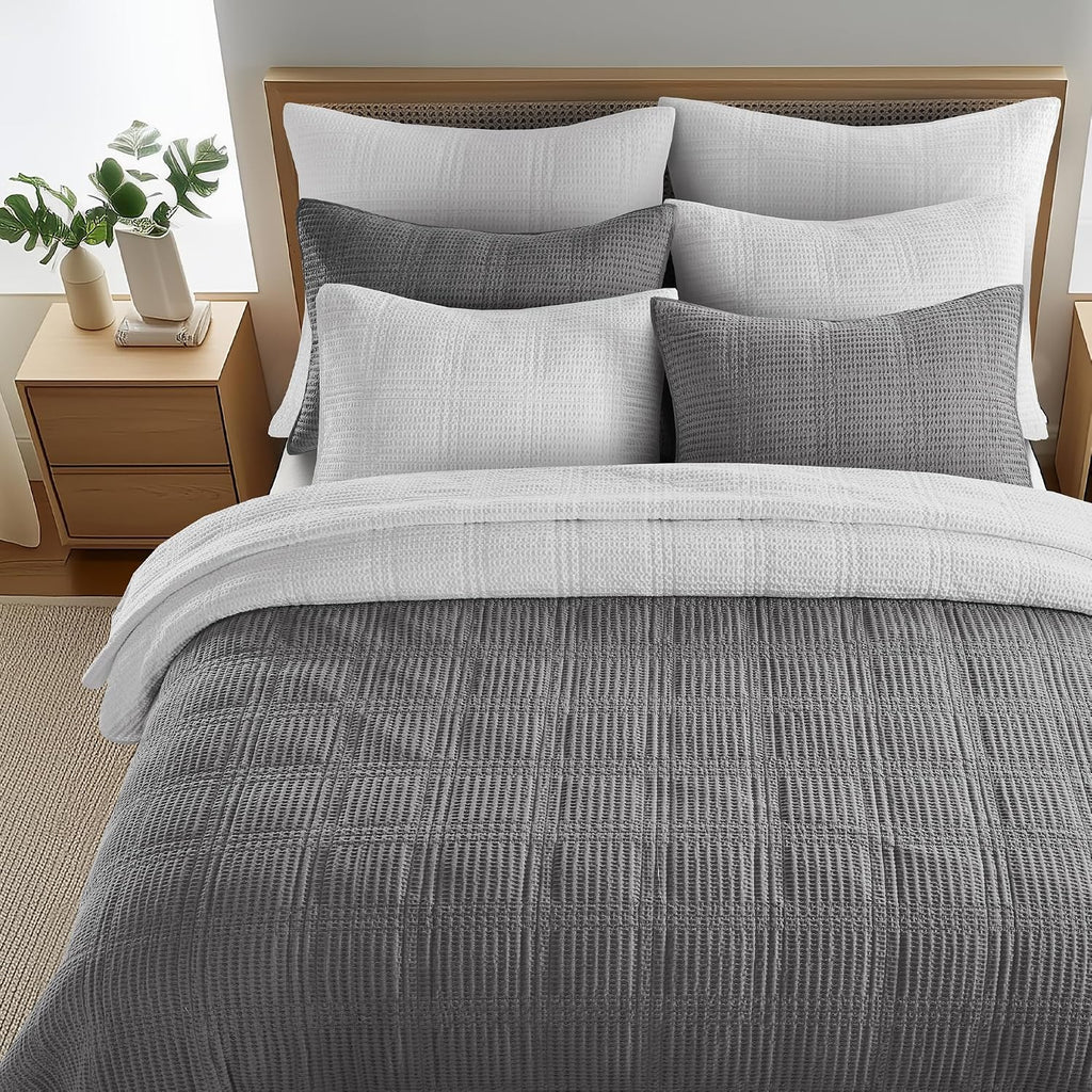 Levtex Home Cloud Waffle Full/Queen Quilt Set (88x92in) and 2 Pillow Shams (26x20in) - Box Quilted Waffle Cotton Texture - Grey - Cotton Full/Queen Size Quilt Bedding Set - Lightweight Soft Pre-Washed