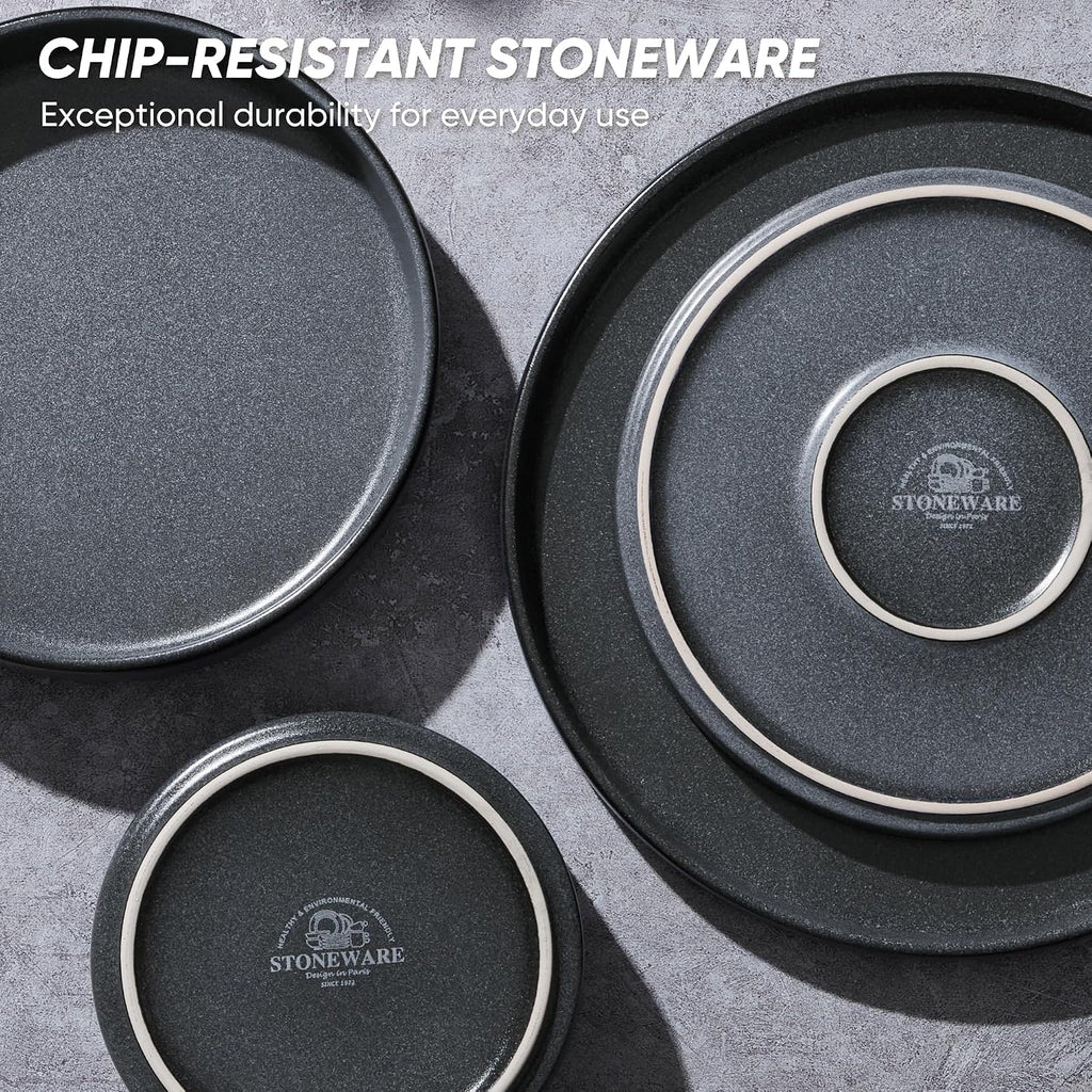 E-far Dinnerware Sets with Pasta Bowls, 24-Piece Stoneware Plates and Bowls Sets for 6 | Microwave & Dishwasher Safe Kitchen Modern Dish Set, Deep Gray