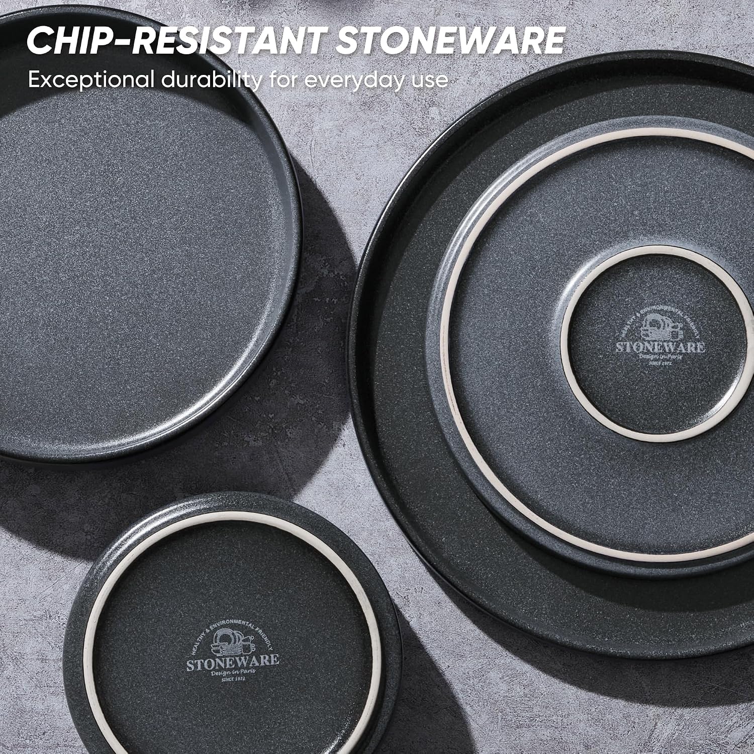 E-far Dinnerware Sets with Pasta Bowls, 24-Piece Stoneware Plates and Bowls Sets for 6 | Microwave & Dishwasher Safe Kitchen Modern Dish Set, Deep Gray