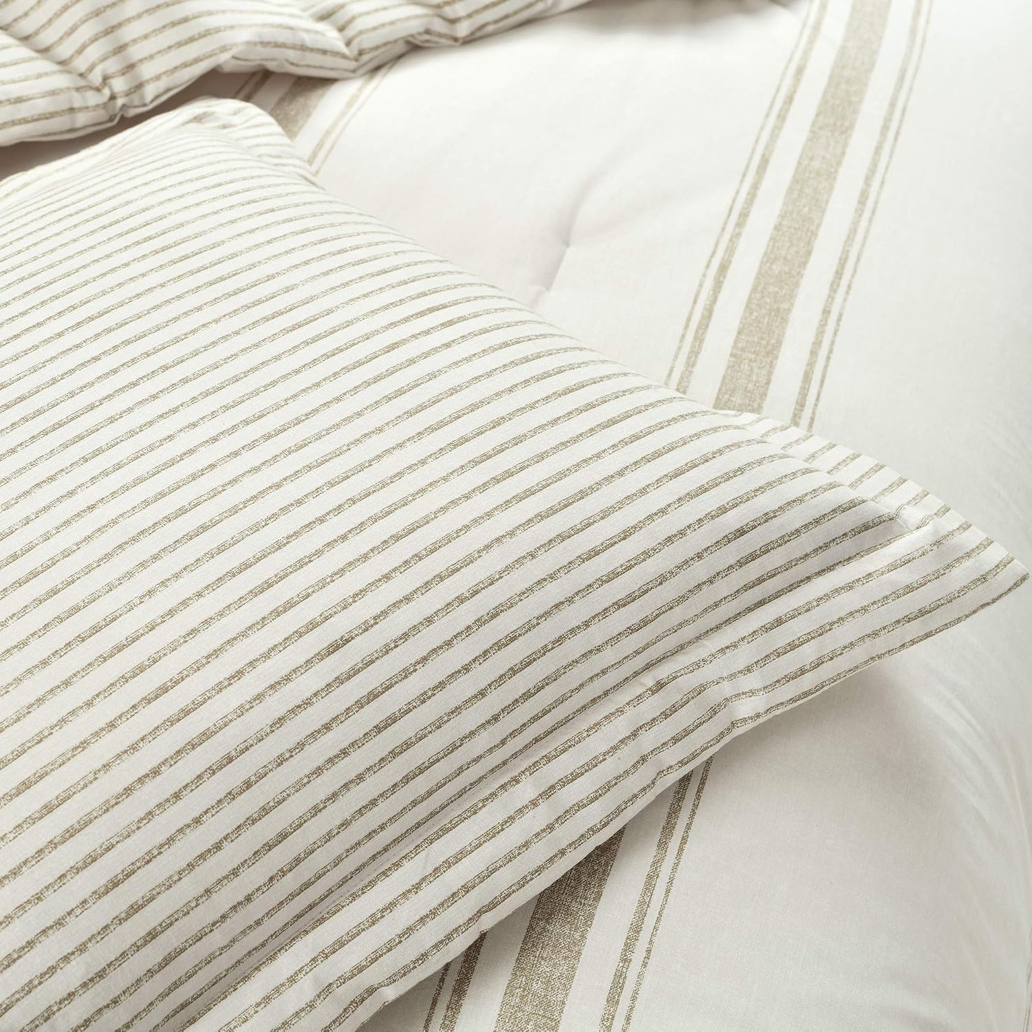Lush Decor Farmhouse Stripe Reversible Cotton Comforter Set, 3 Piece Set, Full/ Queen, Neutral - Cozy Farmhouse Bedding Set - Rustic Decor - Striped Comforter - Modern Farmhouse Bedroom Decor