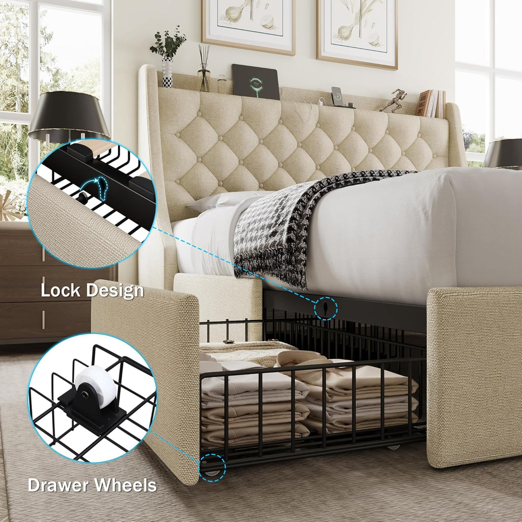 GalnFu Full Size Bed Frame with 4 Storage Drawers, Large Upholstered Wingback Headboard, Fast Charging Station, No Box Spring Needed, Noise-Free, Beige