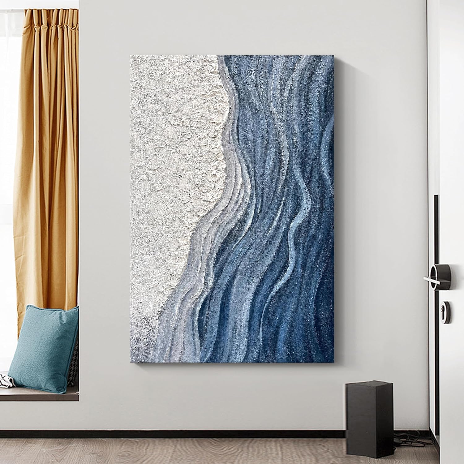 Art Hand-Painted Blue and White Texture Abstract Art Oil Painting Modern Art Oil on Canvas Large Wall Art Deco 45x30 inches