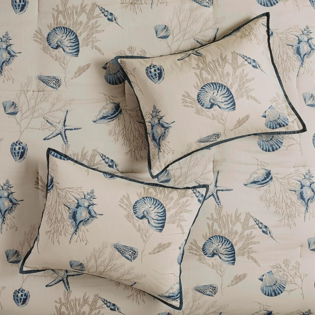 Madison Park 100% Cotton Comforter Set - Coastal Coral, Starfish Design All Season Down Alternative Cozy Bedding with Matching Shams, Decorative Pillow, King(104'x92'), Taupe 7 Piece