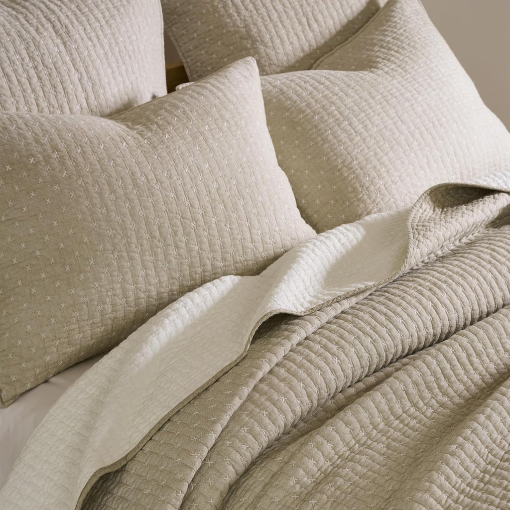 Levtex Home Cross Stitch Reversible King/Cal King Quilt Set (106x92in) and 2 Pillow Shams (36x20in) - Stitch Texture - Taupe - Cotton King Size Quilt Bedding Set - Lightweight Soft Pre-Washed
