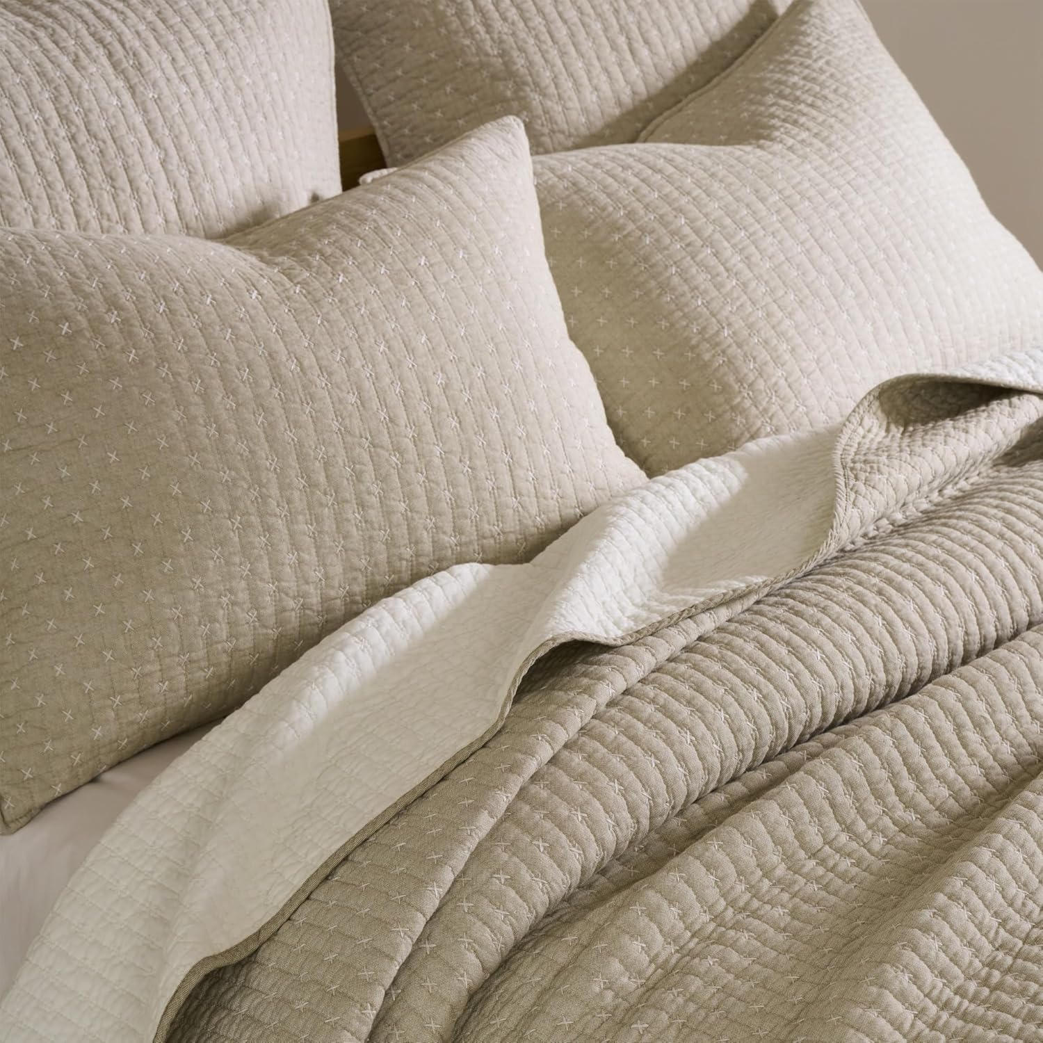 Levtex Home Cross Stitch Reversible Full/Queen Quilt Set (88x92in) with 2 Pillow Shams (26x20in) - Stitch Texture - Taupe - Cotton Full/Queen Size Quilt Bedding Set - Lightweight, Soft, Pre-Washed