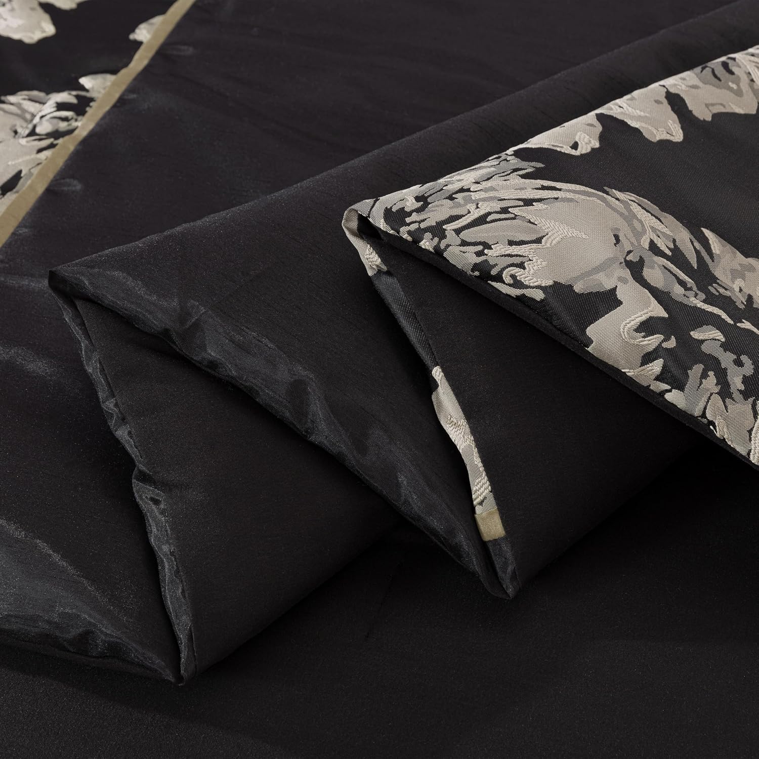 Chezmoi Collection Cameron Comforter Set Oversized King Size, 7-Piece Black Gold Hibiscus Floral Jacquard Bedding Set