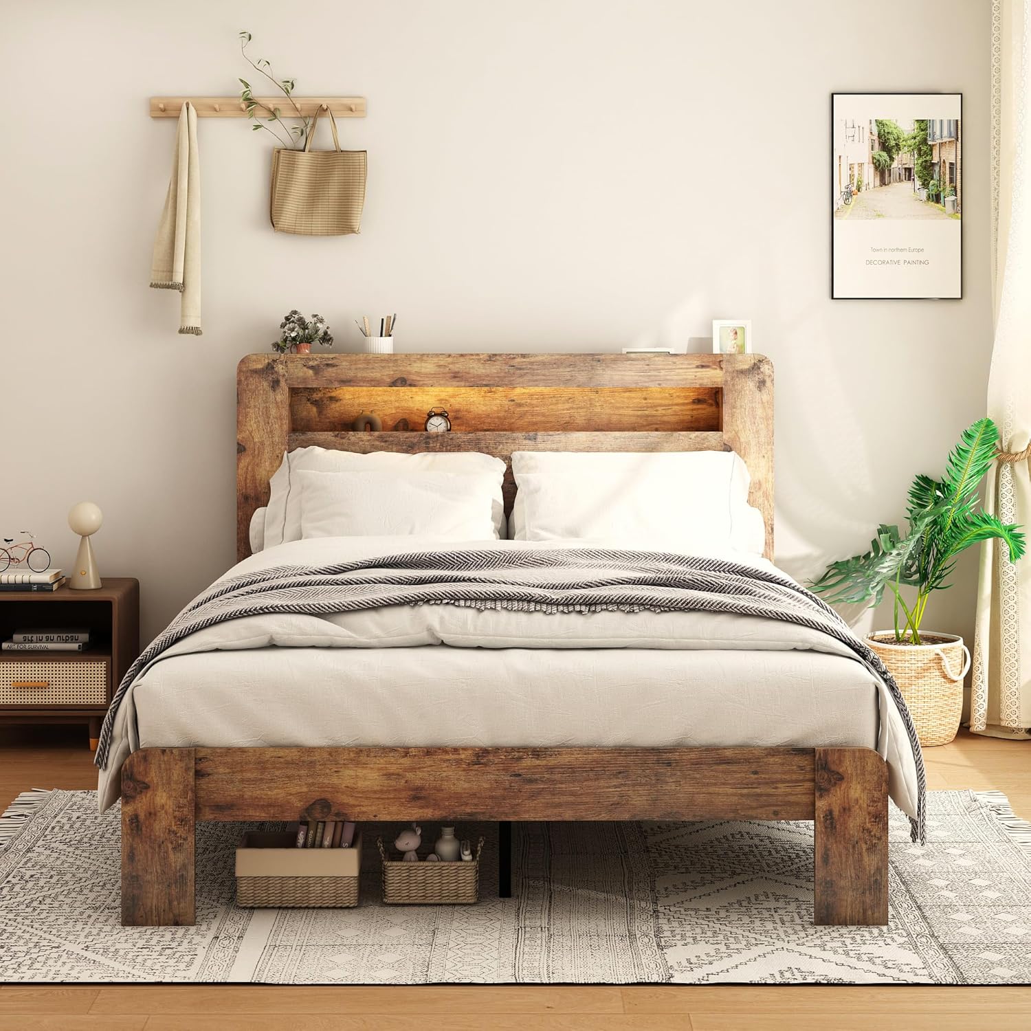 Bellemave Rustic Vintage King Size Bed Frame with Bookshelves,Storage Headboard and Charging Station,Wooden Platform Bed Frame King Size with LED Lights and Wood Slats,Easy Assembly,Dark Brown