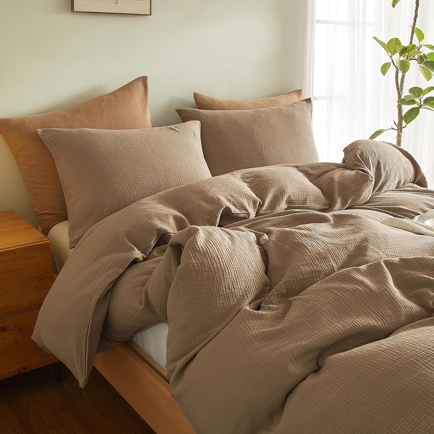 SE SOFTEXLY Muslin Duvet Cover Oversized King Size, 100% Washed Cotton Duvet Cover Set, Ultra Soft Comforter Cover Linen Like, 3 Pieces Gauze Duvet Cover with 2 Pillowcases, 98'x120', Light Brown