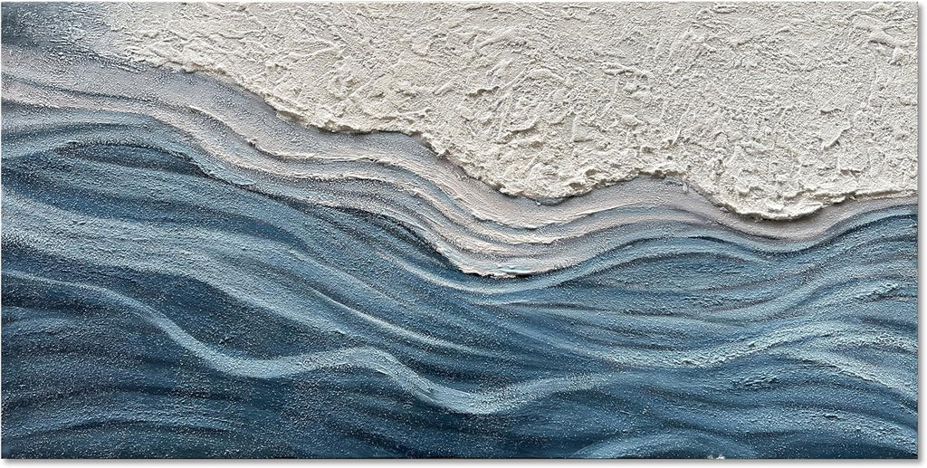 Art 24x48 inches Hand-Painted Blue and White Textured Art Oil Painting - Modern Abstract sea Wave Landscape Art - Suitable for Wall Decoration in Home Office