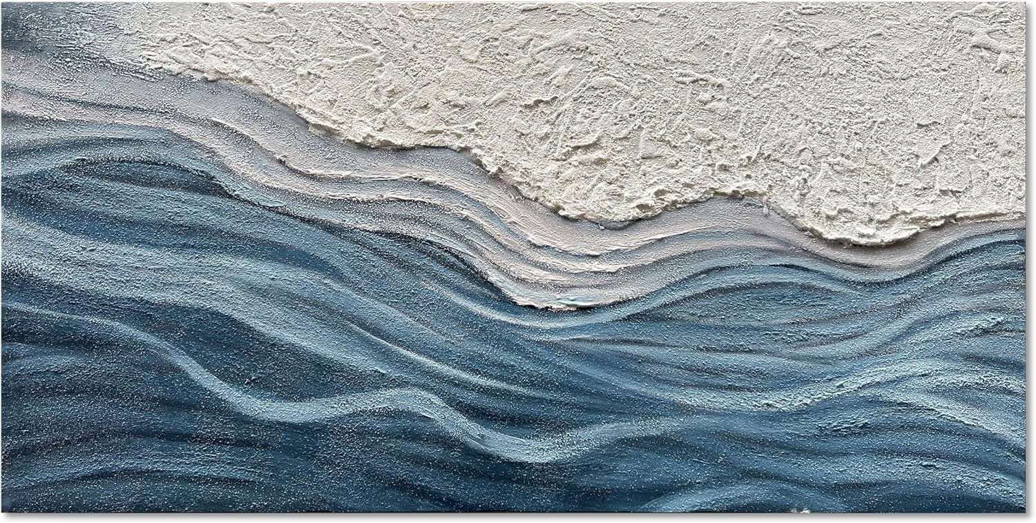 Art 24x48 inches Hand-Painted Blue and White Textured Art Oil Painting - Modern Abstract sea Wave Landscape Art - Suitable for Wall Decoration in Home Office