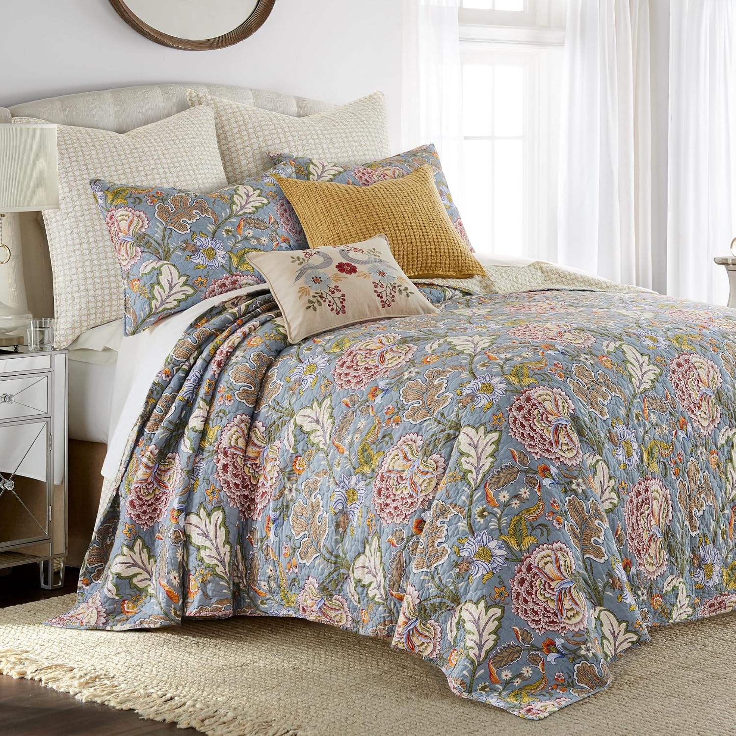 Levtex Home Angelica Reversible Twin Bedspread Set (80x106in) with 1 Pillow Sham (26x20in) - Floral Bedding - Blue Grey, Coral - Cotton Twin Size Bedspread Set - Lightweight, Soft, Pre-Washed