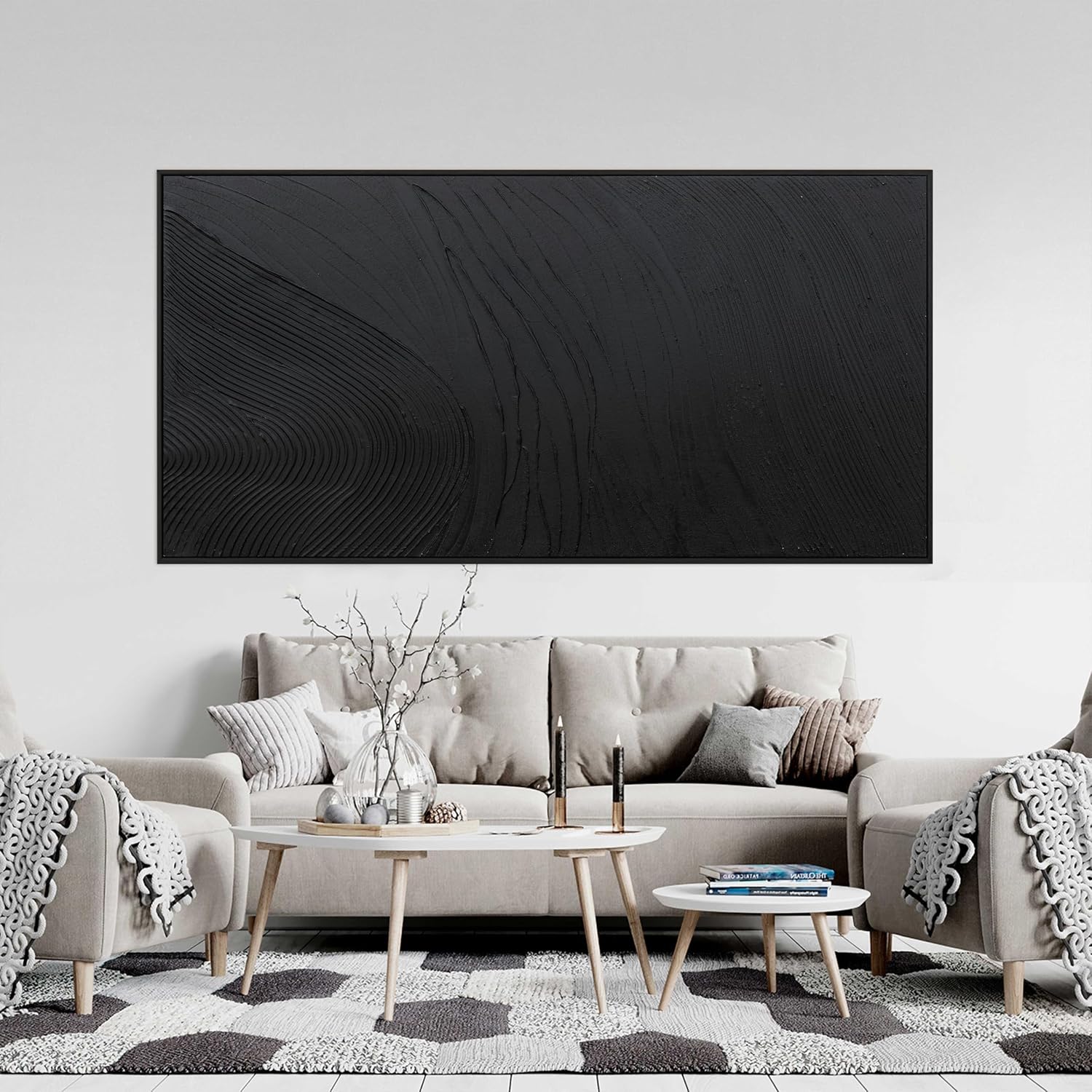 Large Modern Wall Art for Living Room Abstract Canvas Wall Art Decor Framed Large Black Wall Art Canvas Art Wall Decor Hand Painted Black Texture Artwork for Walls Bedroom Office Wall Decor 29'x58'