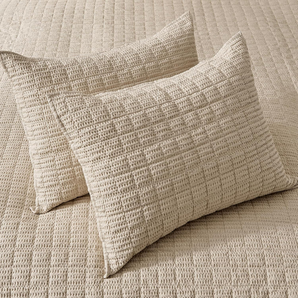Levtex Home Cloud Waffle Full/Queen Quilt Set (88x92in) and 2 Pillow Shams (26x20in) - Box Quilted Waffle Texture - Flax Beige - Cotton Full/Queen Size Quilt Bedding Set - Lightweight Soft Pre-Washed | Textured