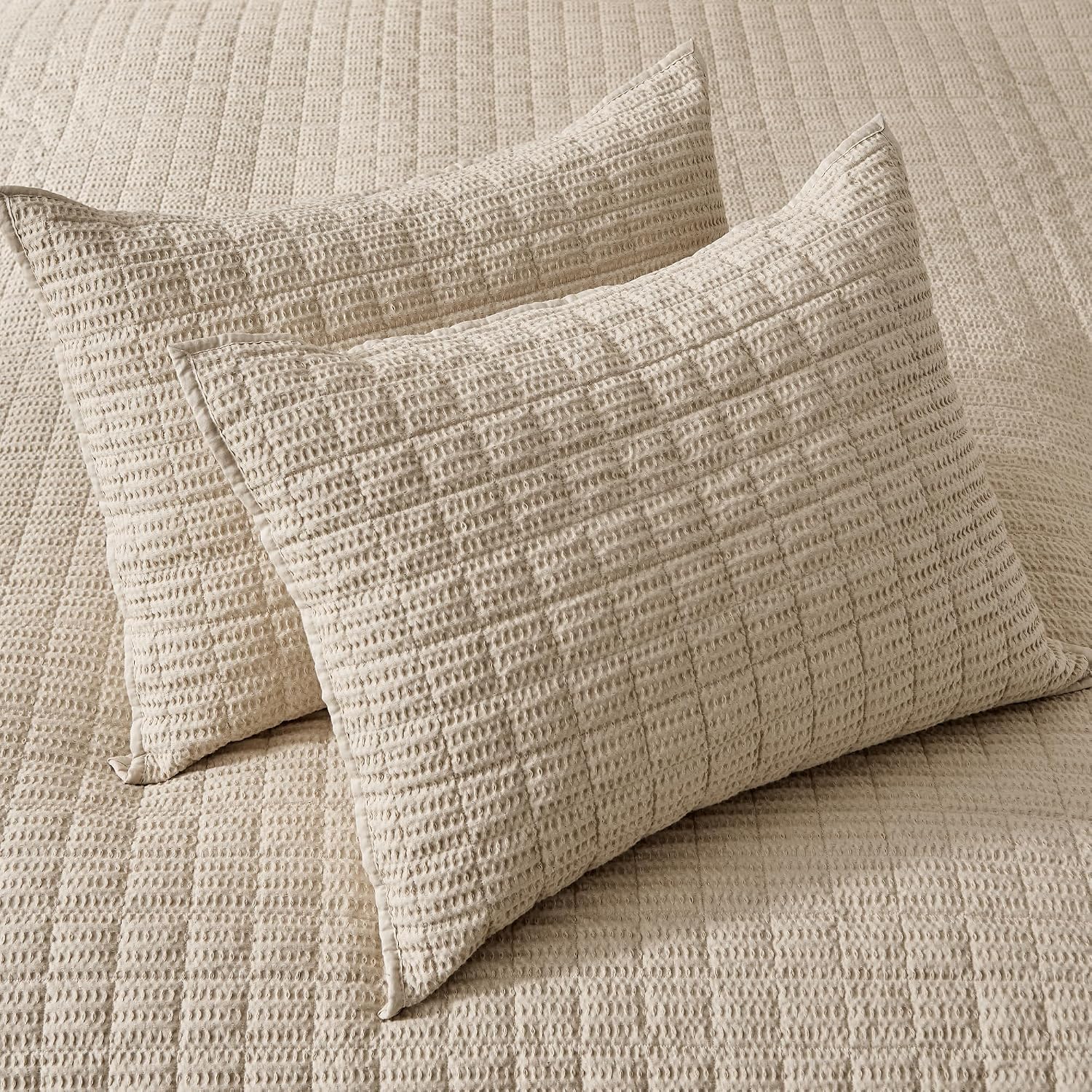 Levtex Home Cloud Waffle Full/Queen Quilt Set (88x92in) and 2 Pillow Shams (26x20in) - Box Quilted Waffle Texture - Flax Beige - Cotton Full/Queen Size Quilt Bedding Set - Lightweight Soft Pre-Washed | Textured