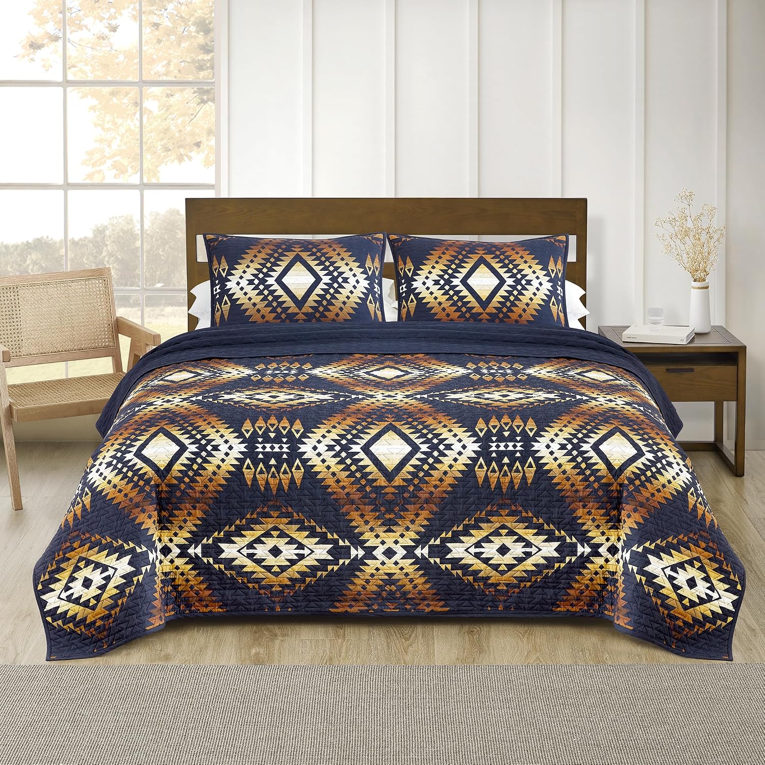 Pendleton Full/Queen Quilt Set – 100% Cotton 3 Piece Quilt Set with Shams, Soft Lightweight Bedding for Queen Size Bed, Navy Blue & Gold Comforter Alternative, Queen Bedding Set (Mission Trails)