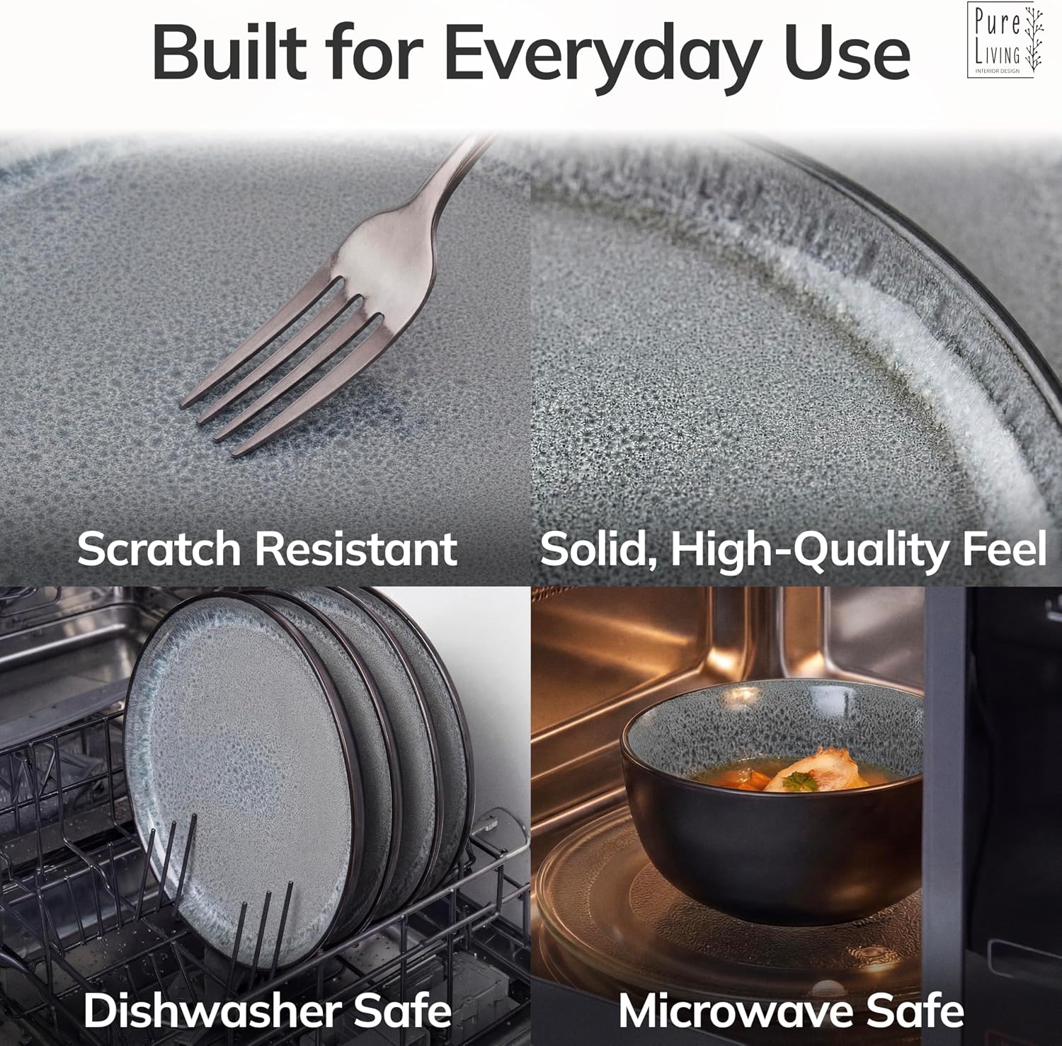 Stoneware dinnerware set 8 persons 32 pcs - Dishwasher, microwave and scratch resistant - Bowl and plate set 8 persons modern - Dinner service Pure Living black in gray…