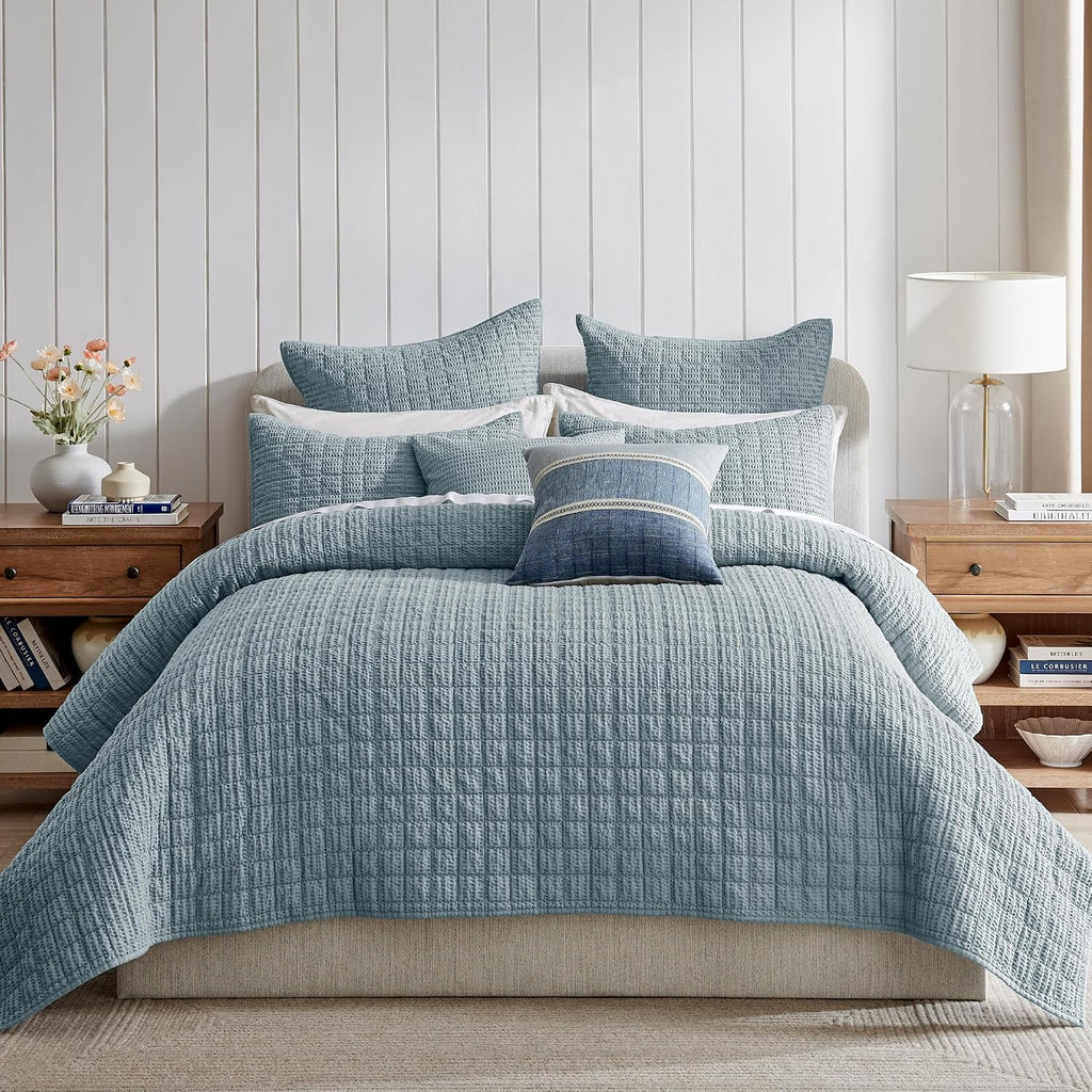 Levtex Home Cloud Waffle Full/Queen Quilt Set (88x92in) and 2 Pillow Shams (26x20in) - Box Quilted Waffle Texture - Chambray - Cotton Full/Queen Size Quilt Bedding Set - Lightweight Soft Pre-Washed | Textured