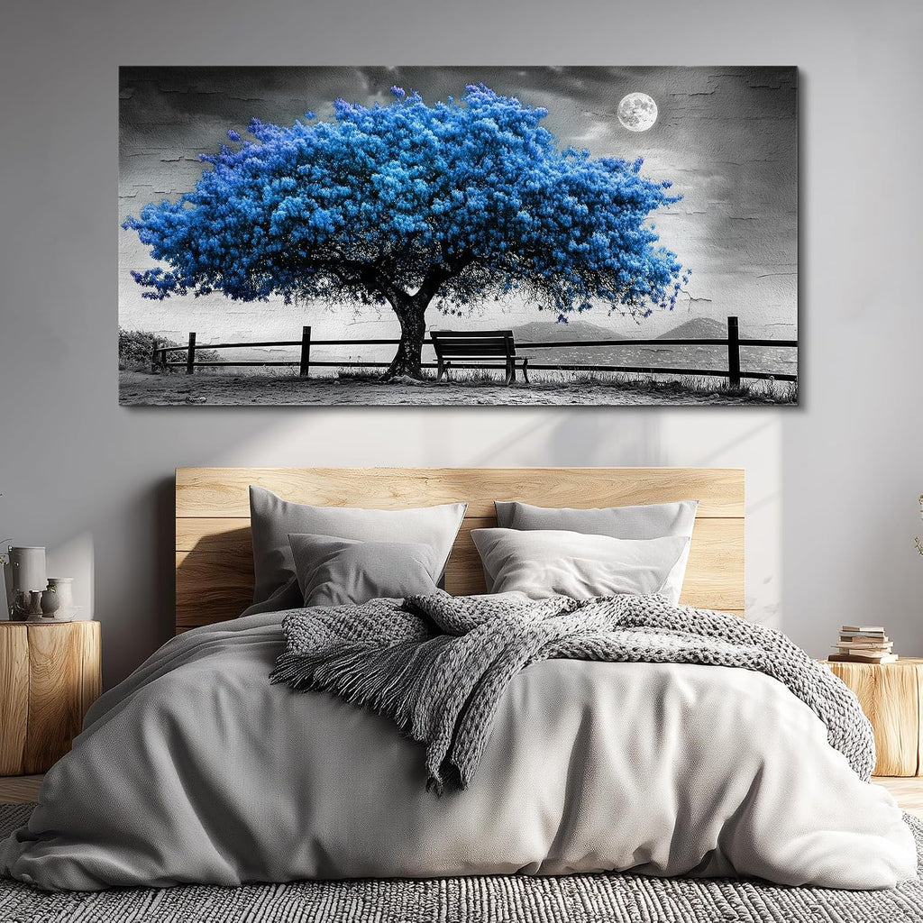 FUHAIHUA Canvas Wall Art For Living Room Large Wall Decor For Office Bedroom Decorations Black And White Landscape Pictures Blue Tree Painting Artwork Room Wall Mural Aesthetic Home Decor 30x60 In