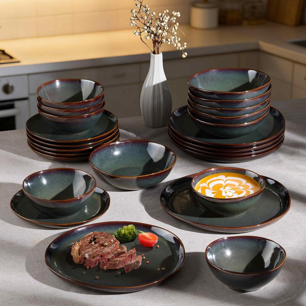 Herogo Stoneware Dinnerware Sets for 8, 24 Piece Plates and Bowls Dish Set, Irregular Handmade Dinner Ware Dishware for Kitchen Dinning, Microwave & Dishwasher Safe, Lichen Green