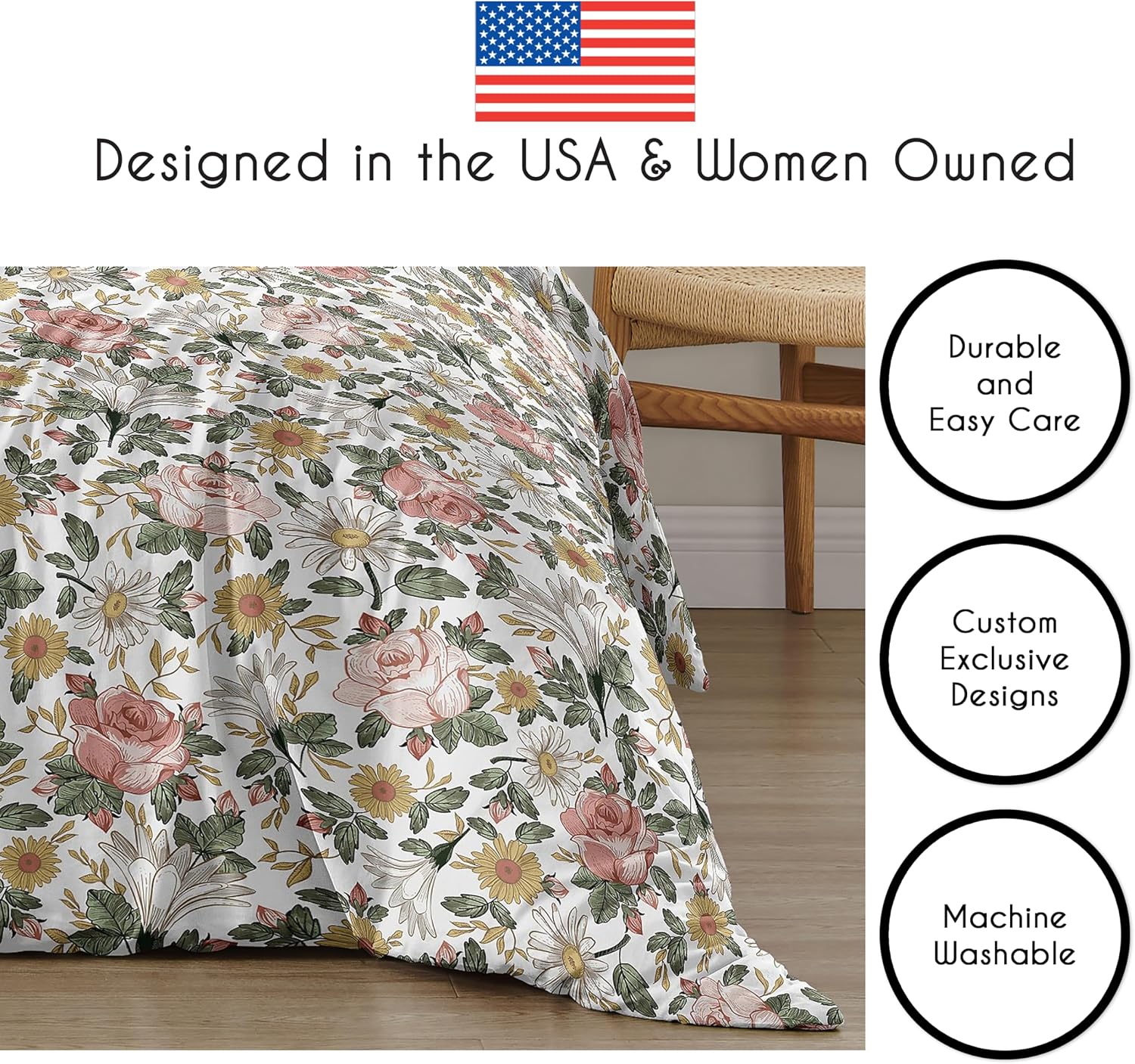 Sweet Jojo Designs Vintage Floral Boho Girl Full/Queen Size Kid Childrens Bedding Comforter Set - 3 Pieces - Blush Pink, Yellow, Green and White Shabby Chic Rose Flower Farmhouse