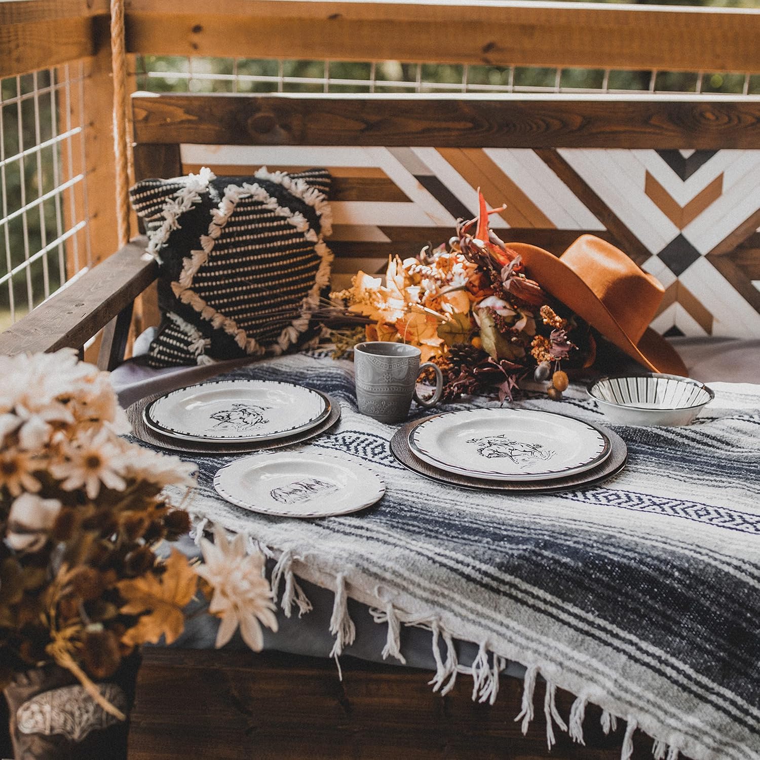 Paseo Road Ranch Life 14 Piece Melamine Plastic Dinnerware Set with Plates, Bowls and Serving Platter, Black and White, Southwestern Rustic Cabin Lodge Farmhouse Style