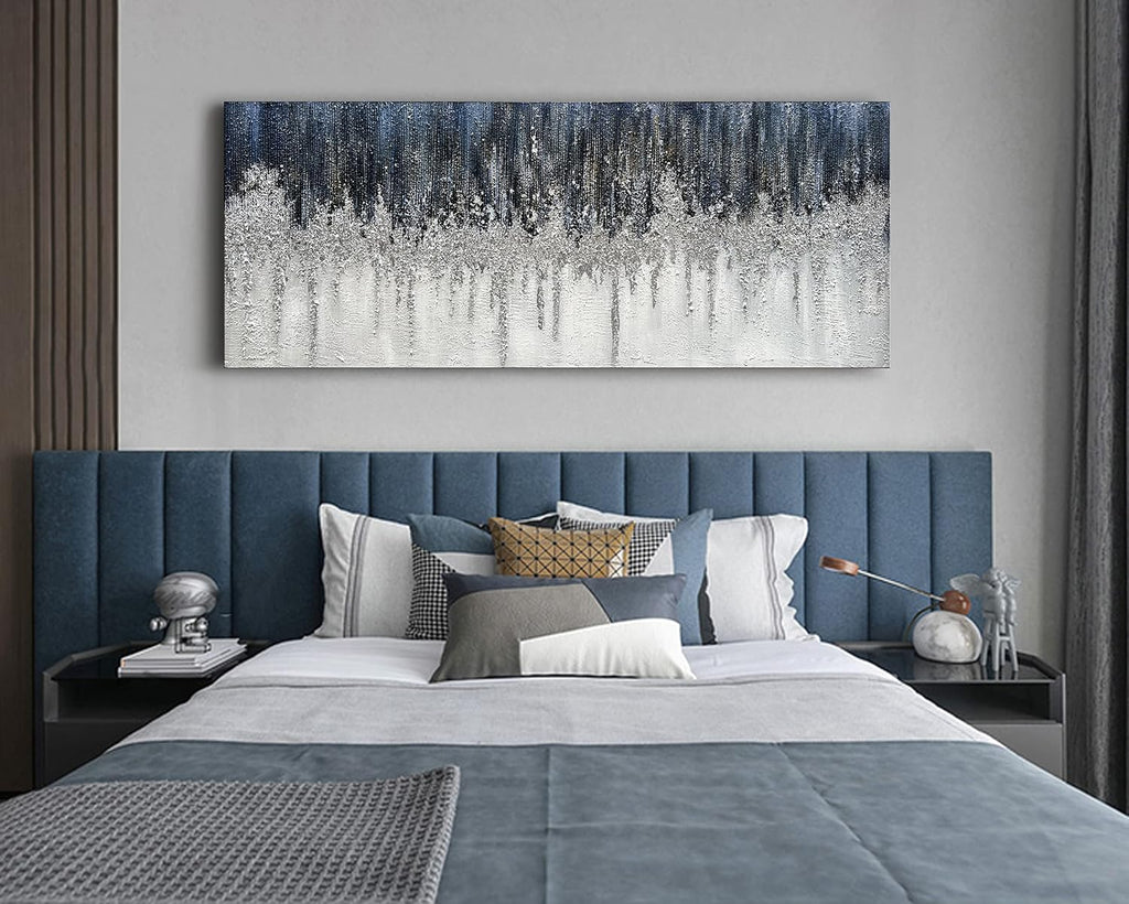 Limiyer Art Large Hand painted Abstract Oil painting Blue white Silver textured wall Art Deco Modern Abstract Art painter House Art Deco wall 24x60 inches