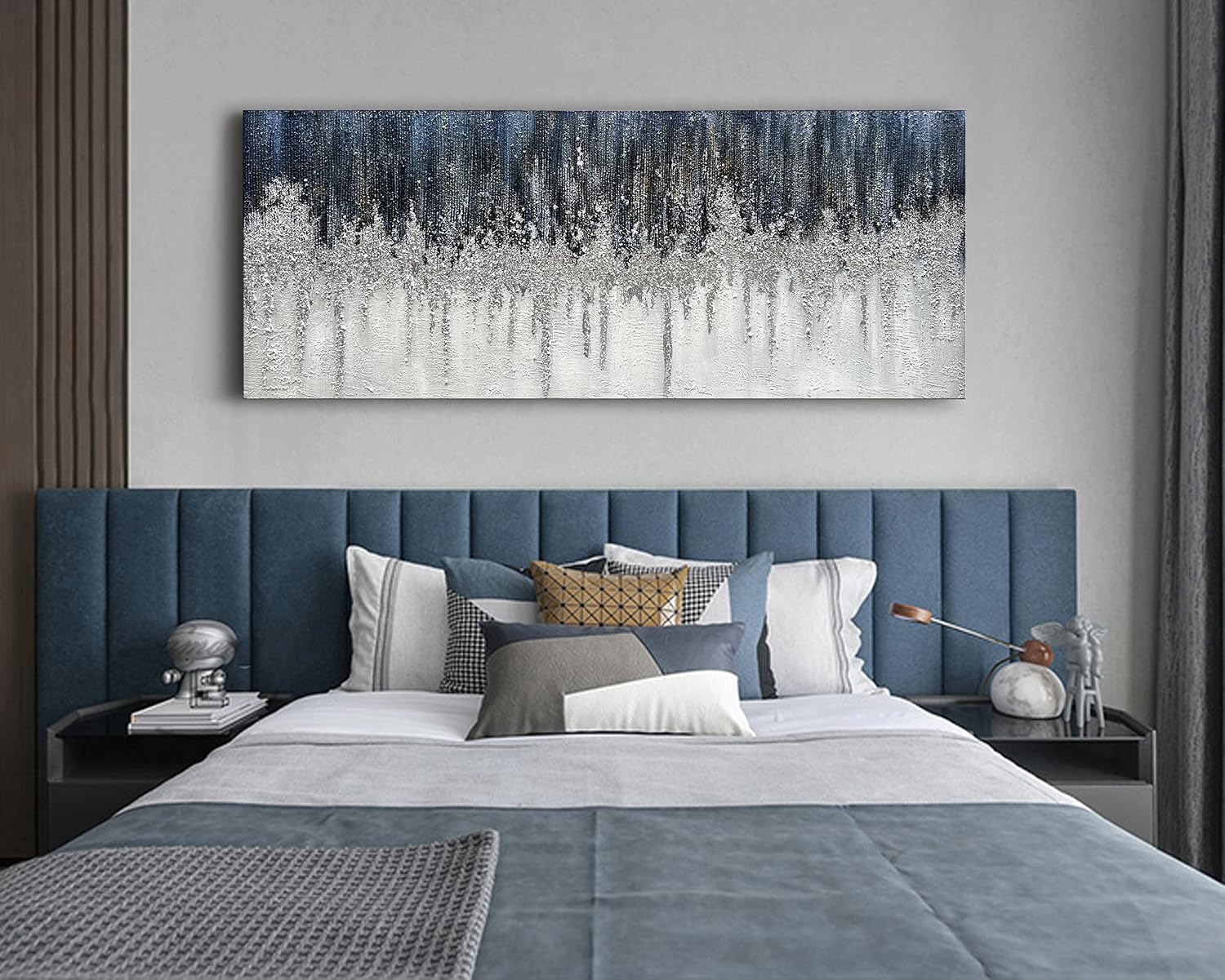 Limiyer Art Large Hand painted Abstract Oil painting Blue white Silver textured wall Art Deco Modern Abstract Art painter House Art Deco wall 24x60 inches