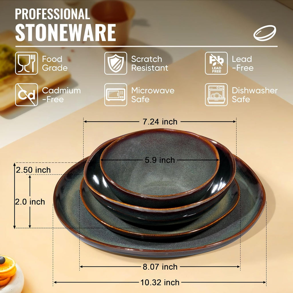 Herogo Stoneware Dinnerware Sets for 6, 24 Piece Ceramic Dinner Dishes Set, Irregular Handmade Plates and Bowls Dishware, Crack and Scratch Resistant, Reactive Glaze, Lichen Green
