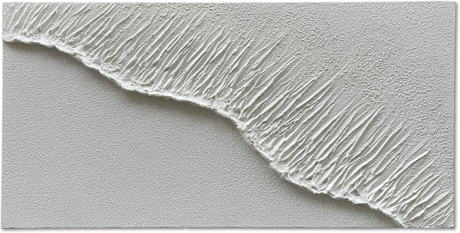 NANKAI Art Hand-Painted White Wave Texture Abstract Art Contemporary Minimalist Canvas Oil Painting, Home Living Room Corridor Wall Decoration Art, 24x48 inches