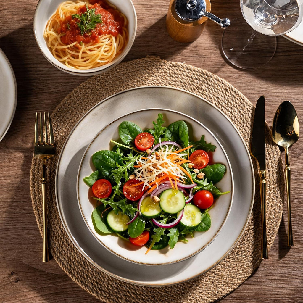 AmorArc Stoneware Dinnerware Sets for 8, 24 Pieces Handpainted Ceramic Plates and Bowls Set, Scratch Resistant Dishes Set, Dishwasher & Microwave Safe, Cappuccino
