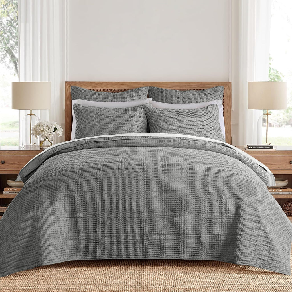 Levtex Home Cloud Waffle Full/Queen Quilt Set (88x92in) and 2 Pillow Shams (26x20in) - Box Quilted Waffle Cotton Texture - Grey - Cotton Full/Queen Size Quilt Bedding Set - Lightweight Soft Pre-Washed