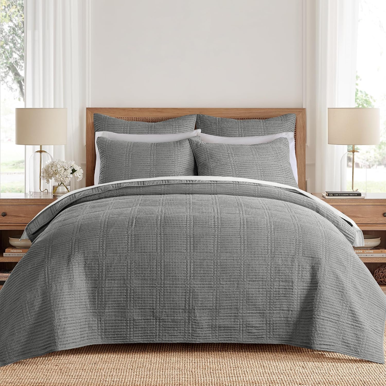 Levtex Home Cloud Waffle Full/Queen Quilt Set (88x92in) and 2 Pillow Shams (26x20in) - Box Quilted Waffle Cotton Texture - Grey - Cotton Full/Queen Size Quilt Bedding Set - Lightweight Soft Pre-Washed