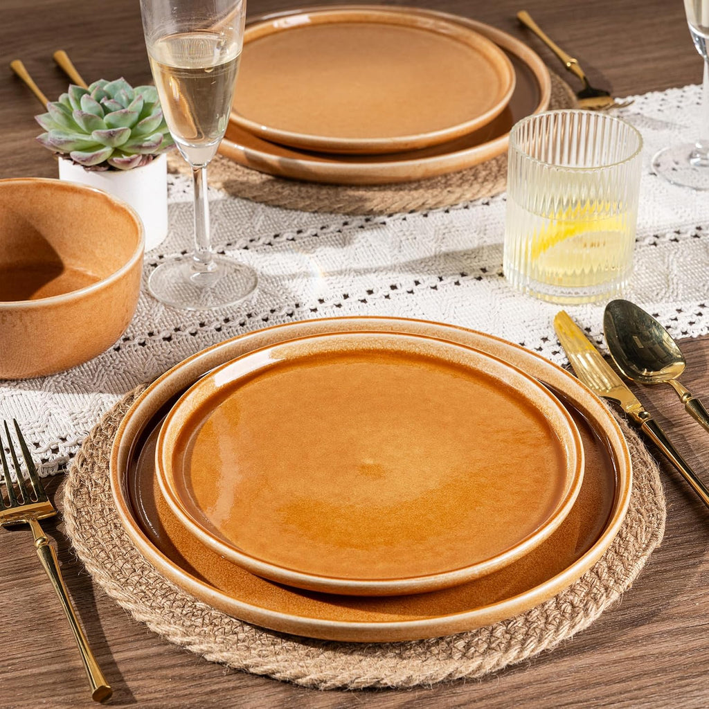 GBHOME Ceramic Dinnerware Sets for 8, 24 Pieces Stoneware Plates and Bowls Sets, Scratch Resistant Dishes, Dishwasher & Microwave Safe, Reactive Glaze-Amber