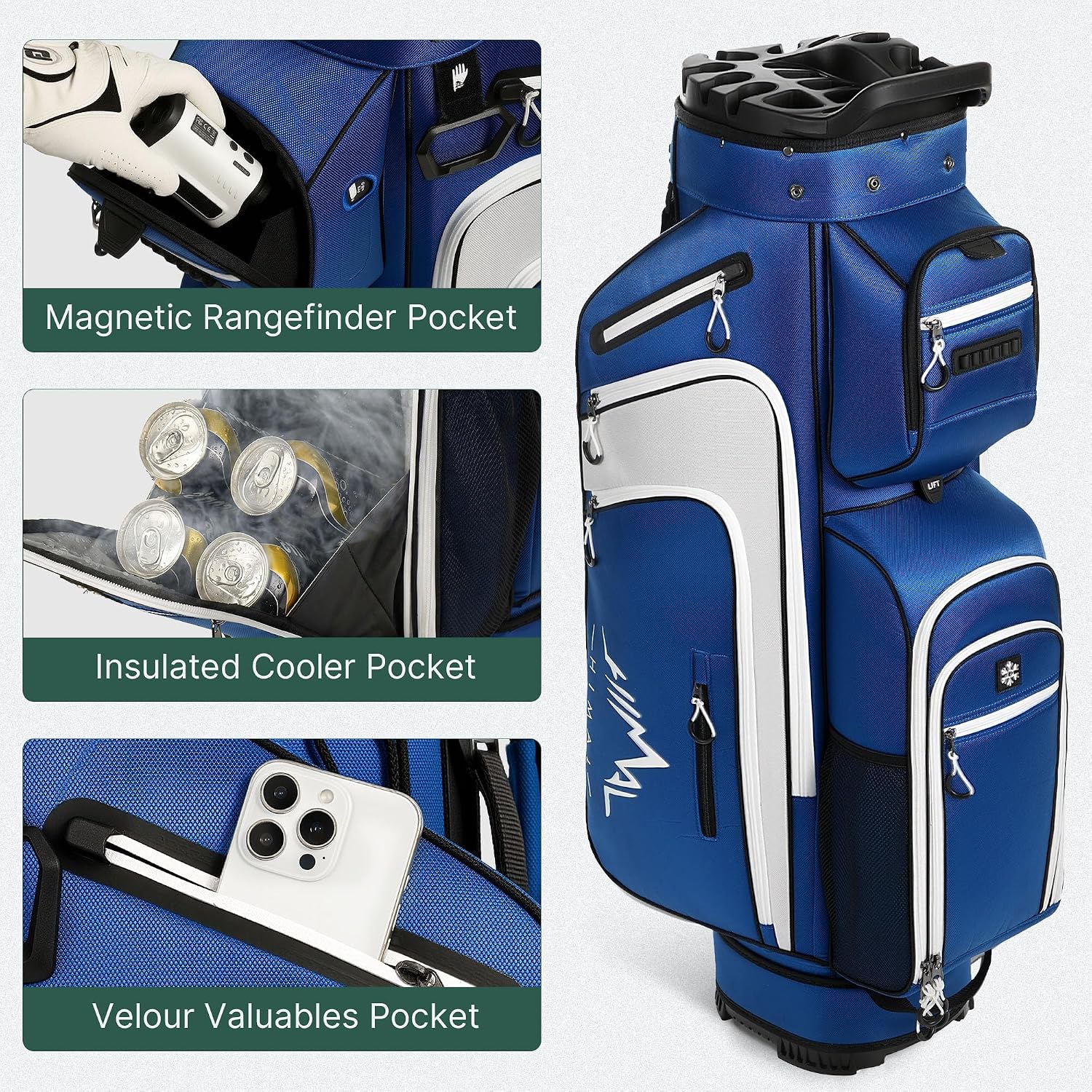 uniHimal Golf Cart Bag with 14-Way Full-Length Dividers, Golf Bag for Men Women with Magnetic Leather Pocket, Handles and Rain Cover, Lightweight Golf Club Bag Includes Cooler Pockets