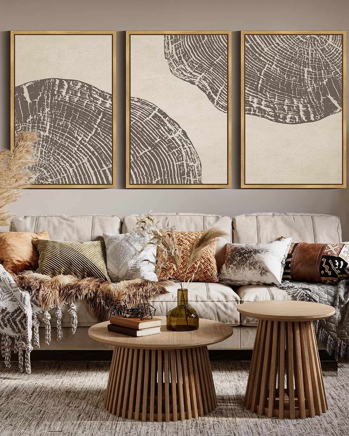 PHOPAGO Farmhouse Vintage Framed Wall Art Large 24x36in Set Gray Wood Tree Ring Spirals Nature Abstract Drawings Rustic Modern Art Decor for Living Room Bedroom - Natural Framed