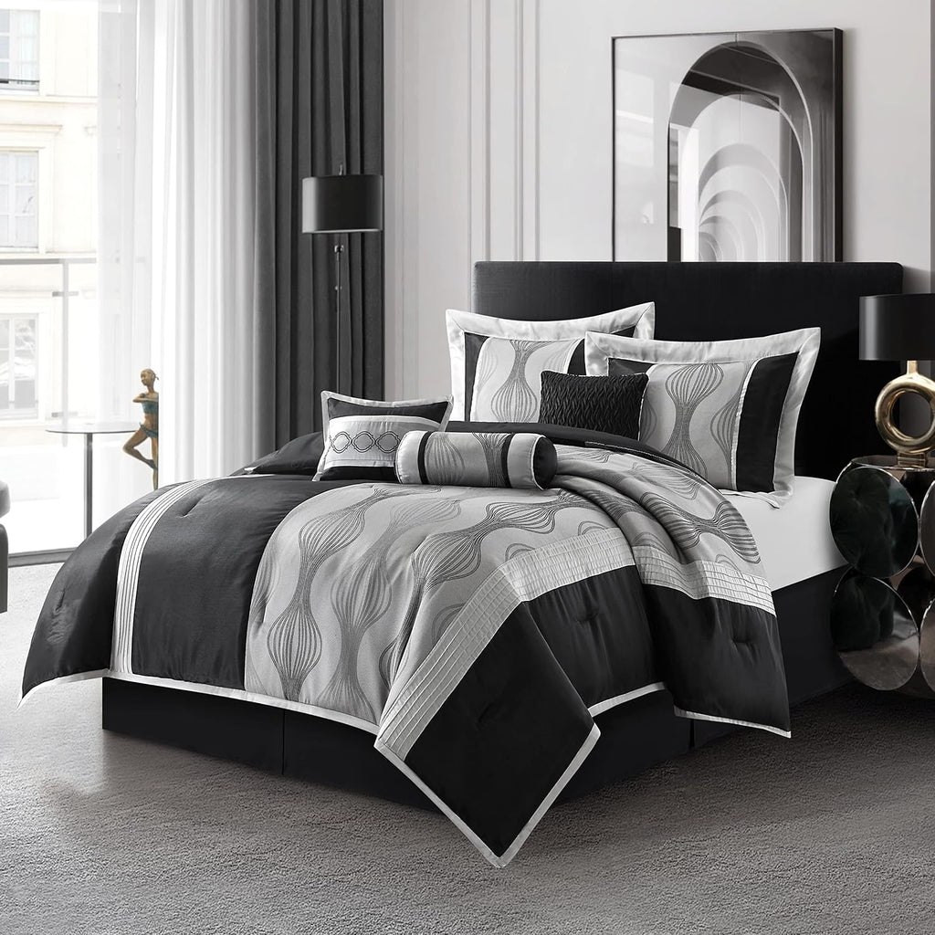 Grand Avenue Elegant Black and Silver Comforter Set California King Size, Striped, 7 Pieces Bedding & Collection, Jacquard All Season Comforter & Pillows, Ultra-Soft Microfiber