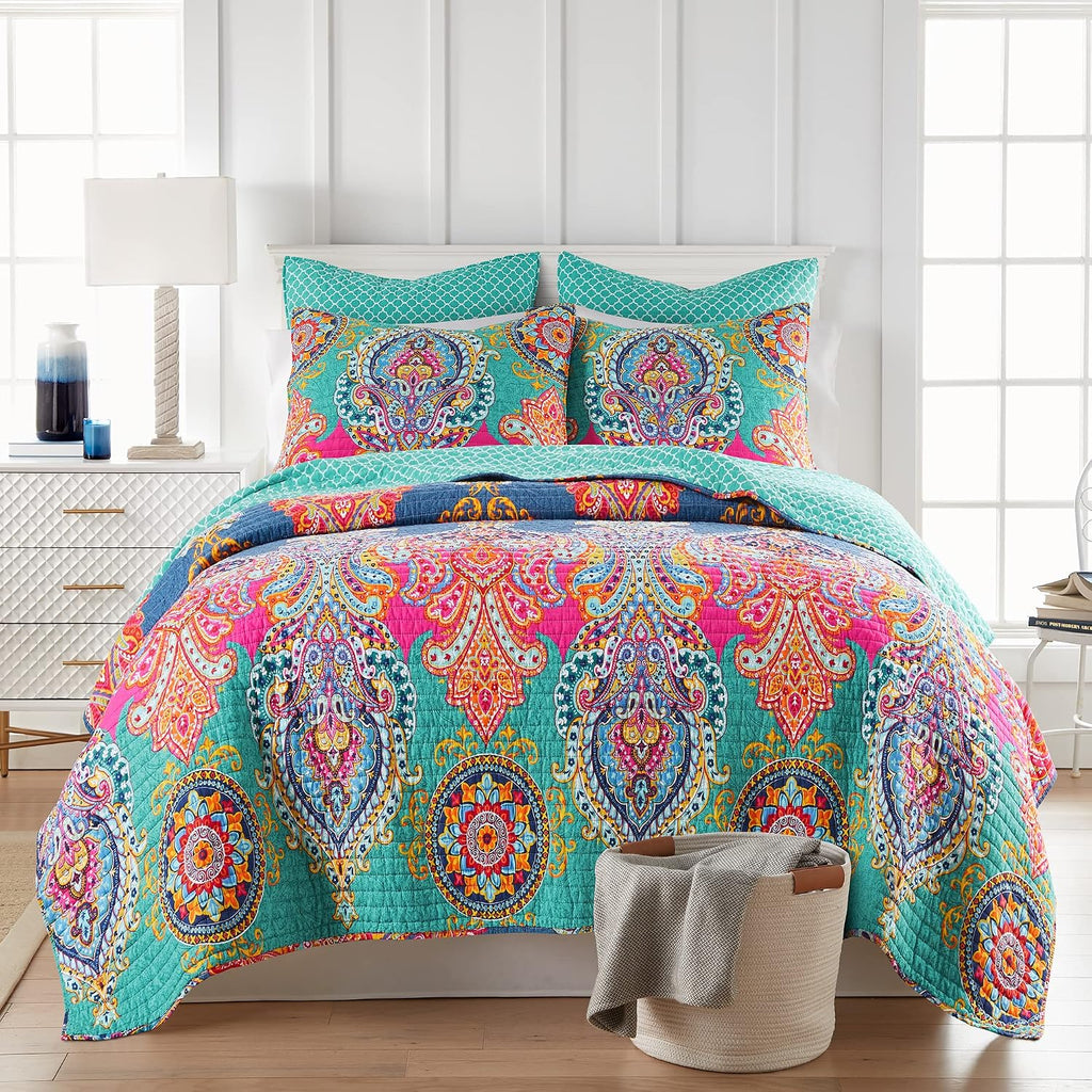 Levtex Home - Fantasia Quilt Set - Full/Queen Quilt (88x92in.) + Two Standard Pillow Shams (26x20in.) - Bohemian - Teal, Orange, Yellow, Green, Blue - Reversible - Cotton Fabric