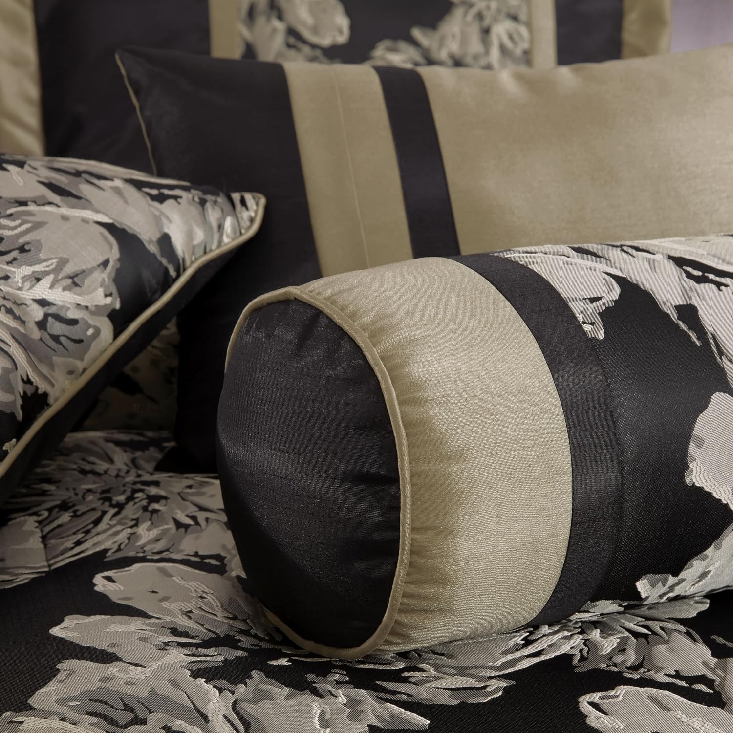 Chezmoi Collection Kelsey Comforter Set Oversized King Size, 7-Piece Black Gold Hibiscus Floral Jacquard Bedding Set