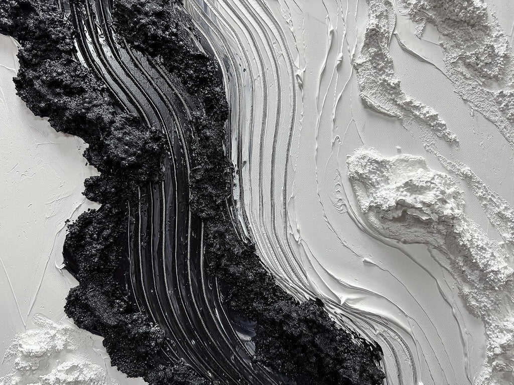 Boiee Art,24x48Inch Hand Painted Modern Black Simply White Framed Artwork Textured Ocean Wave Art on Canvas Minimalist Oil Painting