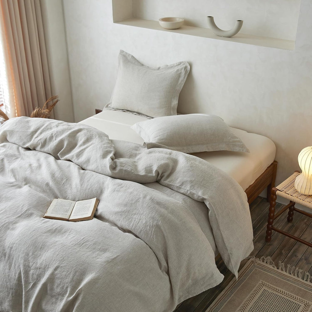 Simple&Opulence 100% Linen Duvet Cover Set with Crossed Embroidery Washed - 3 Pieces (1 Duvet Cover with 2 Pillow Shams) Soft Breathable Farmhouse - Linen, King Size