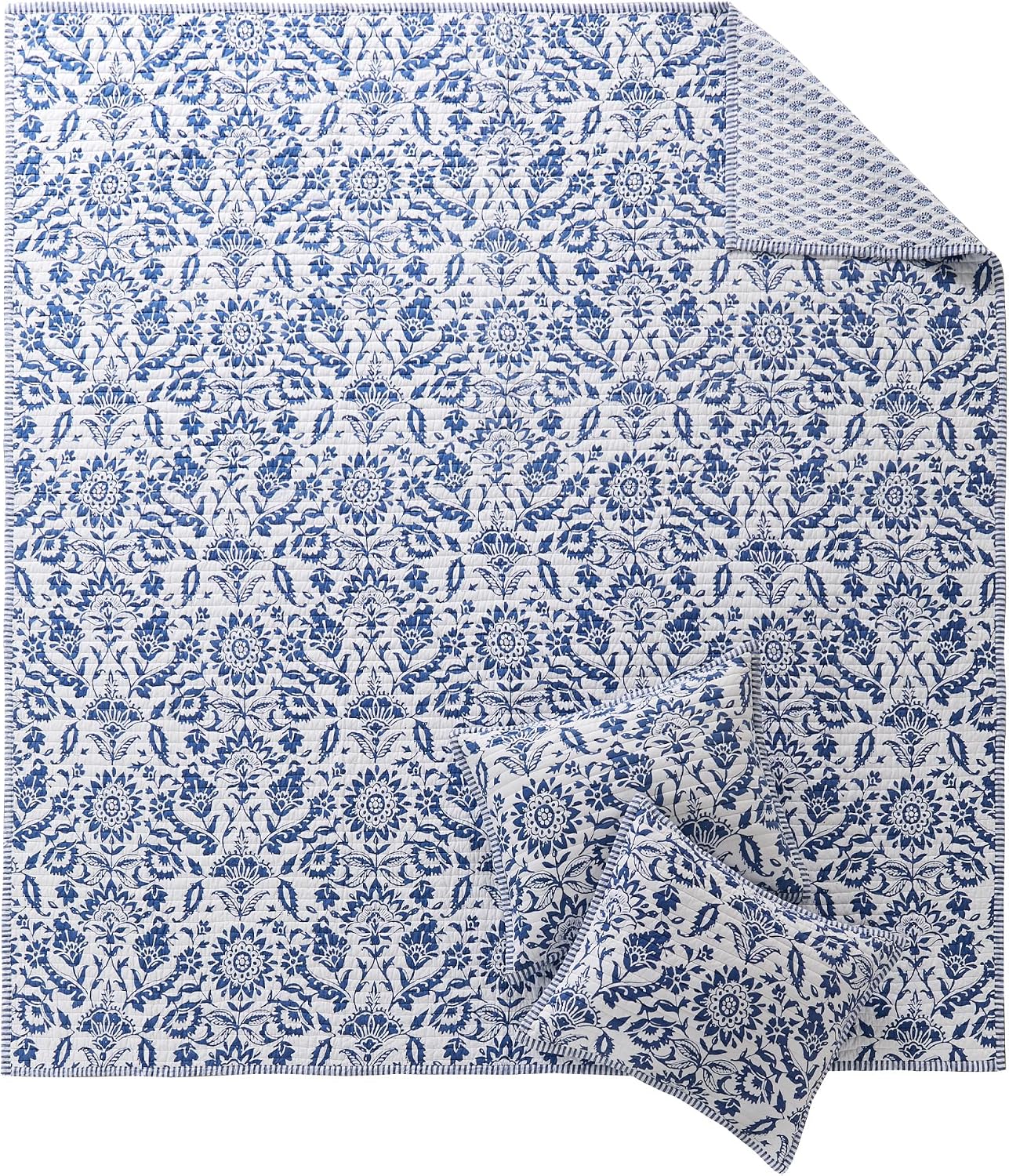 Levtex Home - Clara Blue Quilt Set - Full/Queen Quilt and Two Standard Shams - Floral - Blue White - Quilt (88x92in.) and Shams (20x26in.) - Reversible - Cotton