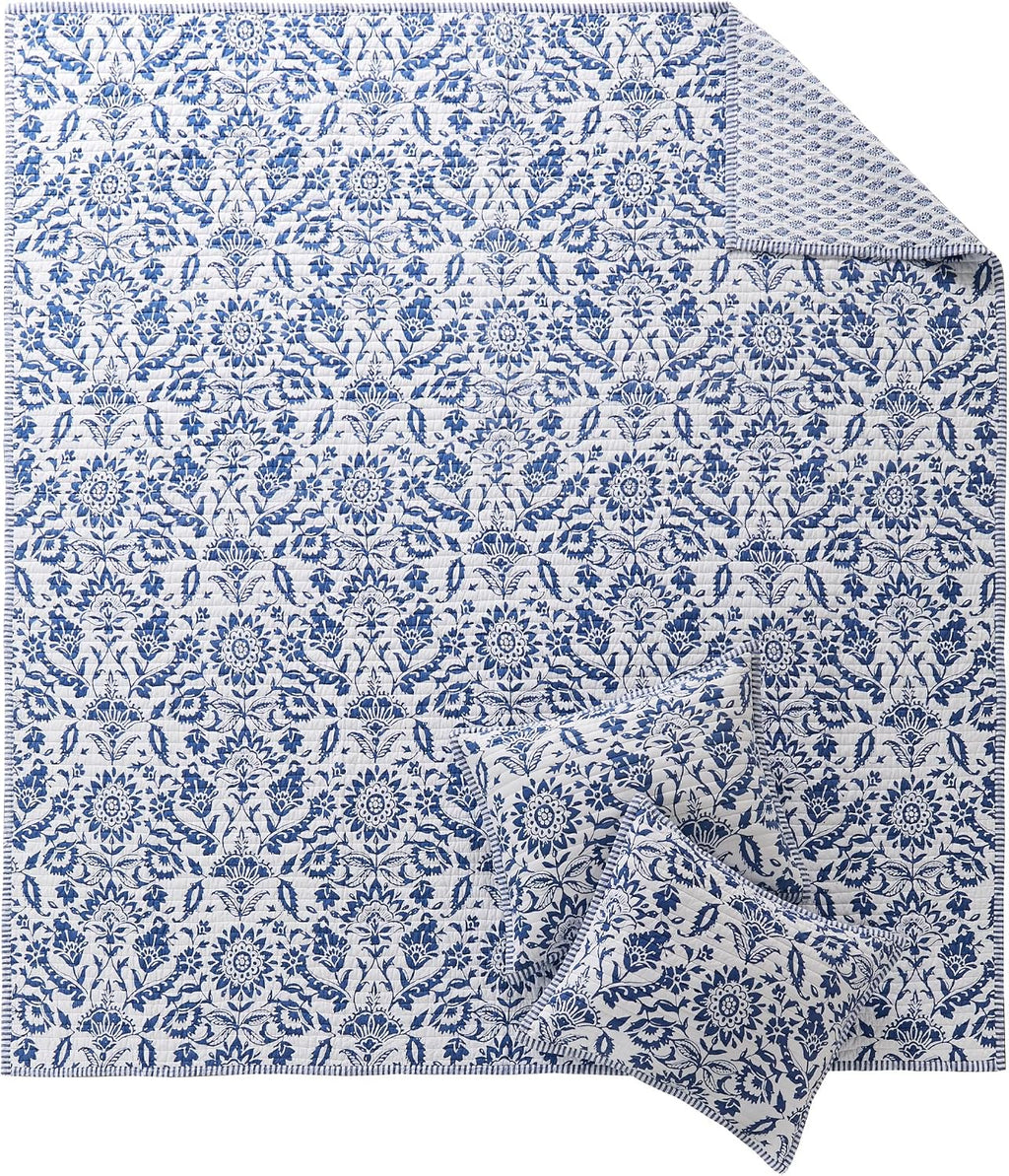 Levtex Home - Clara Blue Quilt Set - King Quilt and Two King Shams - Floral - Blue White - Quilt (106x92in.) and Shams (20x36in.) - Reversible - Cotton